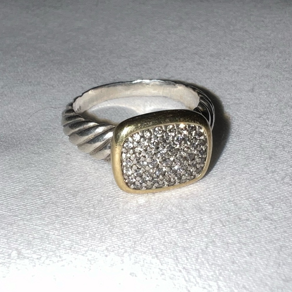 David Yurman Two-Tone Yellow Gold Diamond Cable Noblesse Cocktail Ring Silver - Picture 5 of 13